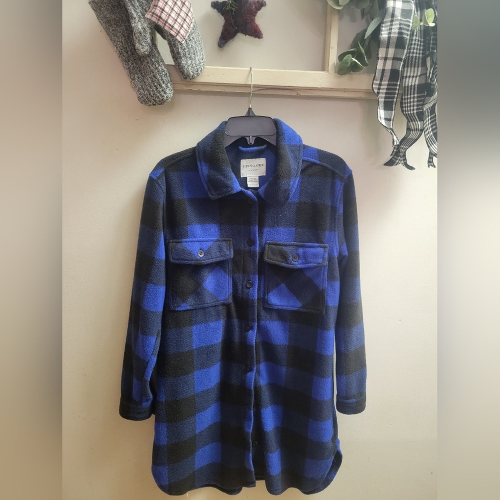 Sabrina Lauren Fleece Plaid Shacket Womens Small Jacket Blue Black Light Cozy